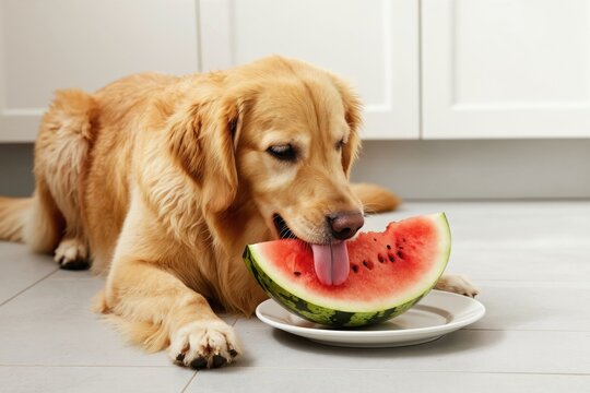Golden retriever dog eats juicy watermelon slice on white plate indoors. Pet licks fruit with tongue, enjoying sweet summer treat. Adorable doggie eats food on kitchen floor.