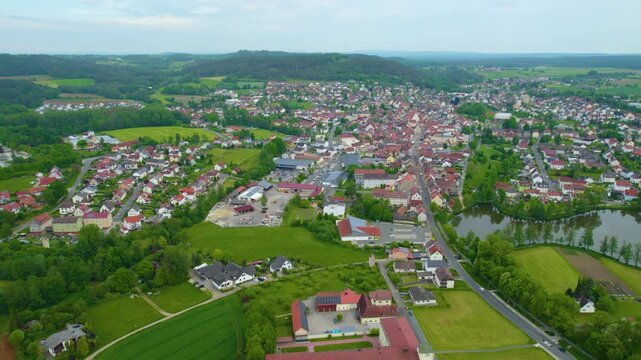 Aerial view of the city Auerbach in Germany, Bavaria on a sunny day in spring.