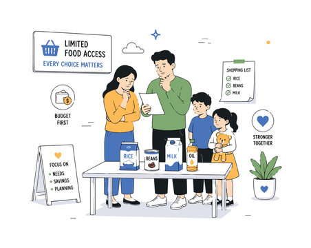 Limited Food Access. A family stands beside a modest table with fewer staple products while checking a short shopping list. The mood suggests concern, budgeting, and the challenge of meeting daily