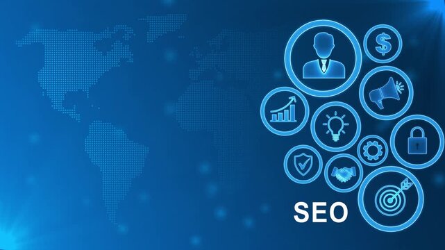 Global SEO Strategy with Digital Icons and World Map Background