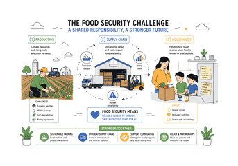 Obraz premium Food Security Challenge. A balanced editorial composition shows farmland, warehouse crates, and a family kitchen connected by subtle visual cues. The mood is thoughtful and informative, presenting