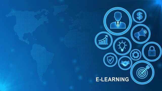 Global e-learning Strategy with Digital Icons and World Map Background