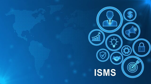 Global ISMS Strategy with Digital Icons and World Map Background