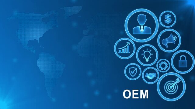 OEM systems technology digital face with futuristic icons hologram blue neon lighting cyber security AI innovation