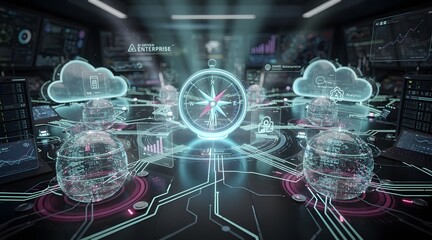 Obraz premium Digital Compass Navigating Cloud Data in Futuristic Server Room.
