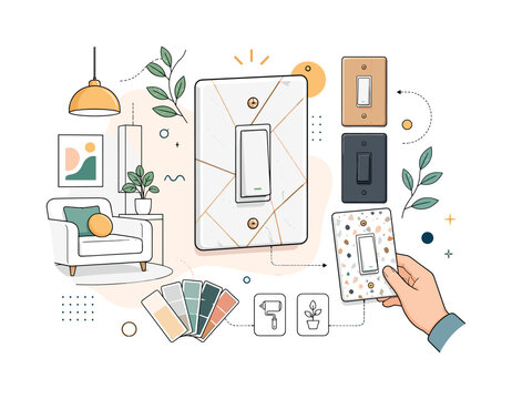 Decorative Wall Switch Cover. A modern switch plate becomes part of a stylish interior wall with floating leaves, rounded shapes, and colorful design samples around it. The scene feels clean, cozy,