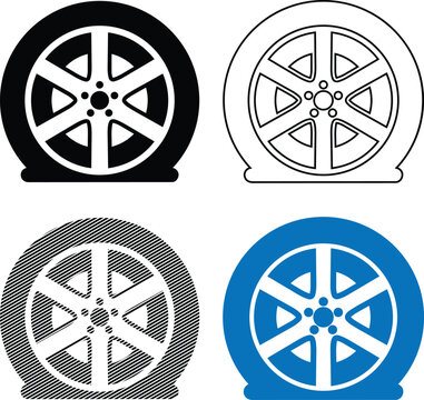 Flat tire icon set with automotive wheel rim design vector illustration.
