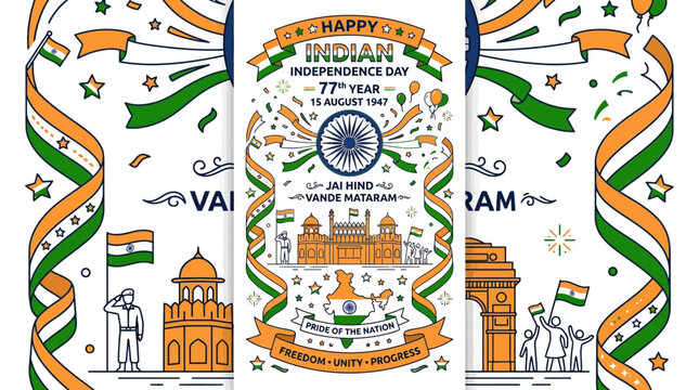Indian Independence Day 77th Year Celebration Illustration.