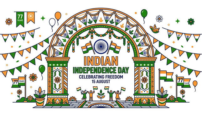 Indian Independence Day Celebration Archway with Flags and People.