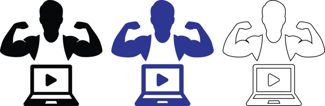 Muscular man using laptop computer vector illustration set.