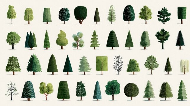 Diverse collection of stylized trees in various shapes, sizes, and green hues