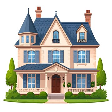Victorian style two story house with turret and landscaping.