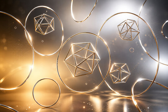 Abstract luxury background with golden 3D geometric shapes, metallic rings, and icosahedrons on a sleek gray and gold gradient backdrop.