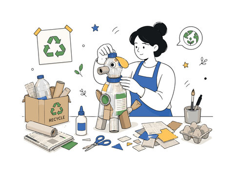 Upcycled sculpture from everyday waste. A clean geometric character builds a small sculpture from bottles, boxes, and paper pieces, turning simple discarded items into a unique art object. The