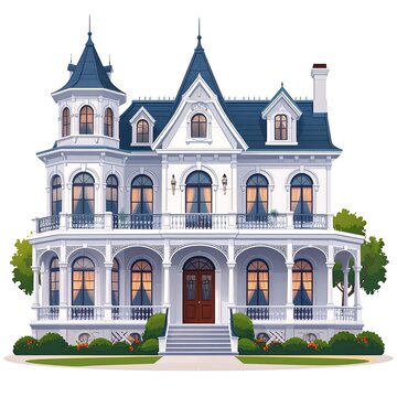 Victorian style two story house with turret windows.
