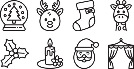Christmas holiday outline icon set featuring snow globe, reindeer, Santa Claus, stocking, candle, holly leaves, stage curtain, and giraffe character symbols © Mostafizur