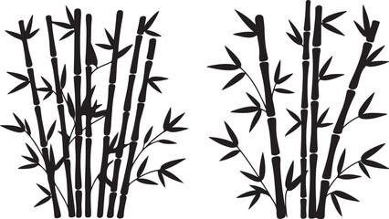Obraz premium Bamboo forest silhouette vector set featuring dense bamboo stalks and leafy branches in traditional Asian botanical illustration style isolated on background