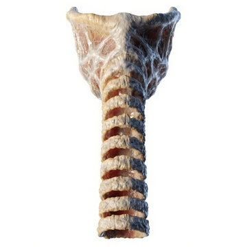 Detailed human thyroid gland illustration showing butterfly-shaped lobes, tracheal attachment, and glandular texture. Premium reference for endocrinology, thyroid surgery, and medical education.