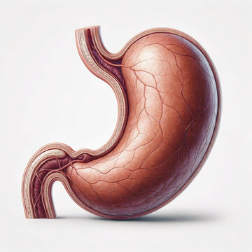 Anatomically detailed human stomach illustration showing fundus, body, antrum, pylorus, gastric folds, and mucosal lining in realistic cross-section view. Premium reference for gastroenterology educat