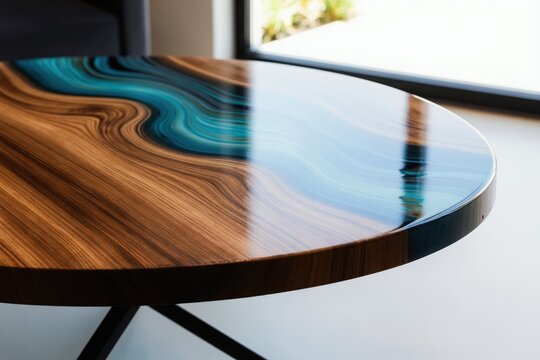 Unique epoxy resin coffee table mixes wood grain, ocean blue swirls. This modern furniture piece offers striking centerpiece for contemporary homes. Its artistic design complements living room decor.
