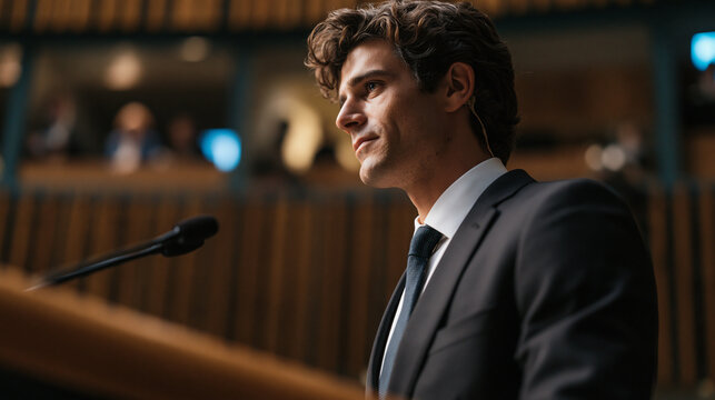 Delegate from smaller member nation delivering impassioned address at United Nations podium before full assembly floor, earpiece visible, translators working in glass booths above