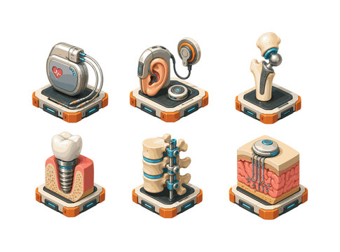 Medical Implants. Isometric flat vector icons set of Medical Implants: cardiac pacemaker, cochlear implant, hip joint prosthesis, dental implant crown, spinal fixation device, neural stimulation