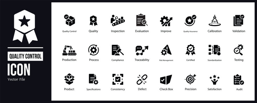 Quality Control and Process Management Solid Glyph Icons Set