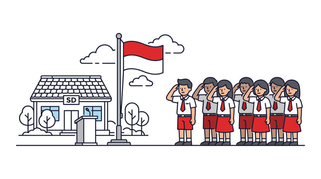 Indonesian elementary school students saluting the flag during a ceremony.