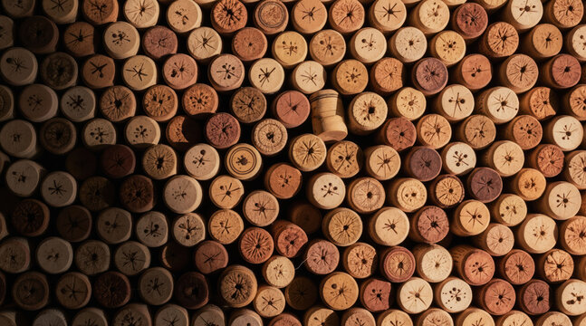 Many natural corks form a textured backdrop. Used stoppers create a detailed surface pattern. This image suggests wine tasting or winery, with varied cork tops visible.