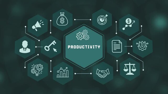 Business productivity and workflow efficiency optimization concept animation with gear and performance icons.