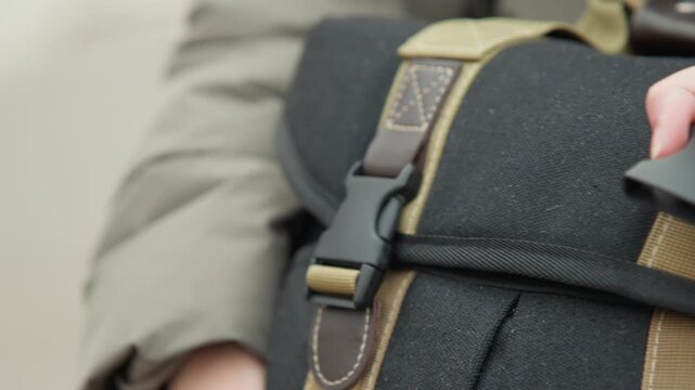 White hands unbuckling black backpack buckle, closeup of olive winter jacket cuff and soft fleece lining peeking from top pocket, tactile finger movement releasing clasp, textured nylon and leather