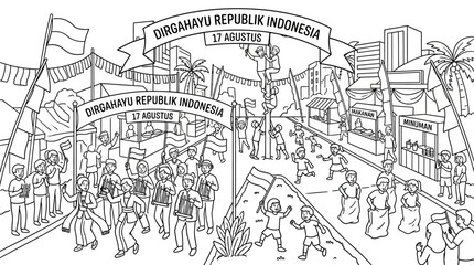 Obraz premium Indonesian Independence Day celebration with traditional games and parade.