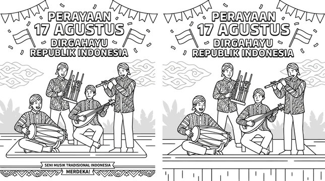 Indonesian independence day celebration with traditional music performance coloring page.