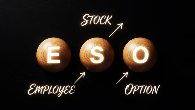 Employee Stock Option Concept with Glowing ESO Letters on Wooden Spheres Representing Equity Compensation Investment Benefits and Corporate Incentive Programs