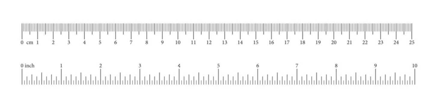 Measuring black chart 25 centimeter, 10 inche. Simple ruler scale with numbers. Length measurement math, distance, height, sewing tool flat layout. Metric, imperial units.