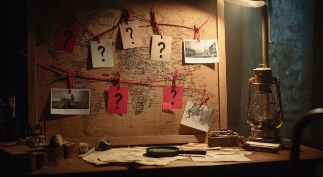 Mysterious map with photos, question marks, and string, lit by lamp