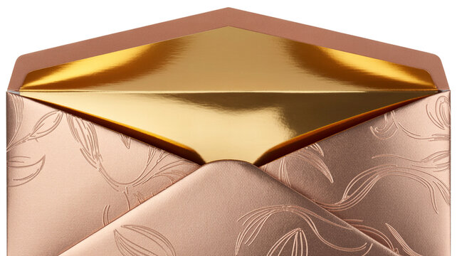 Rose gold envelope with embossed floral pattern and shimmering gold interior