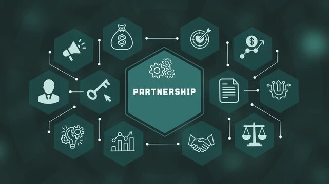 Strategic business partnership and corporate collaboration concept motion graphic with handshake and teamwork icons.