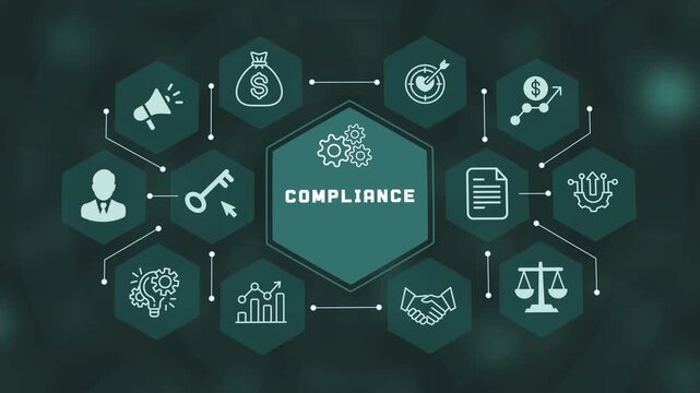 Business compliance and regulatory policy framework animation showing interconnected legal icons in digital network.