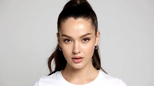 Close-up of a female model, pure beauty smiling from multiple angles