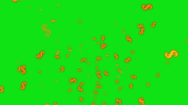 Floating orange dollar signs with glowing effects on soild green screen  background, dynamic finance motion graphics for economy and investment themed projects 4K