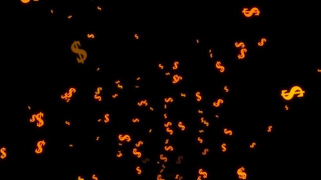 Floating orange dollar signs with glowing effects on soild black screen  background, dynamic finance motion graphics for economy and investment themed projects 4K