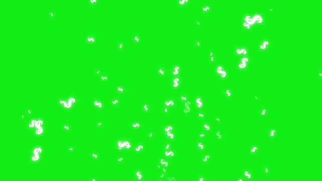 White dollar sign symbols floating randomly across on soild green screen background, luxury finance animation with glowing currency icons, wealth concept motion graphics seamless loop 4K