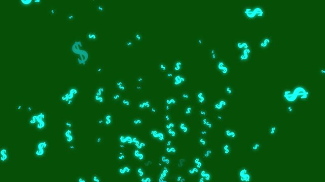 Elegant cyan dollar icon animation with seamless falling currency symbols on deep green screen background, luxury finance visual effects ultra HD 4K