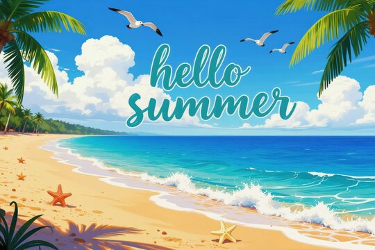 Sunny beach with palm trees, blue sky, white clouds, and turquoise ocean waves. Hello Summer text and seagulls fly above peaceful sandy shore.