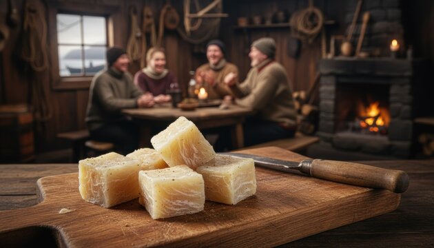 Hakarl fermented shark cubes served on wooden cutting board inside traditional rustic Icelandic tavern with cozy fireplace