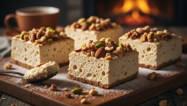 Tres leches cake slices topped with walnuts pistachios and almonds on wooden board near cozy burning fireplace in winter