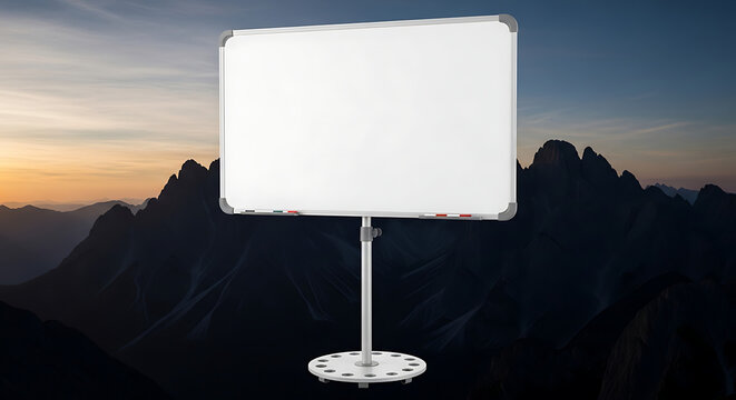 Whiteboard on stand in front of mountain landscape with whiteboard mountains landscape outdoors background creativity planning presentation business education inspiration