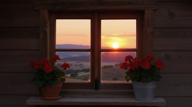 View of sunset over hills from wooden cabin window. Red flowers in pots on sill. Peaceful countryside scene at dusk. Warm colors fill the sky. Serene atmosphere.