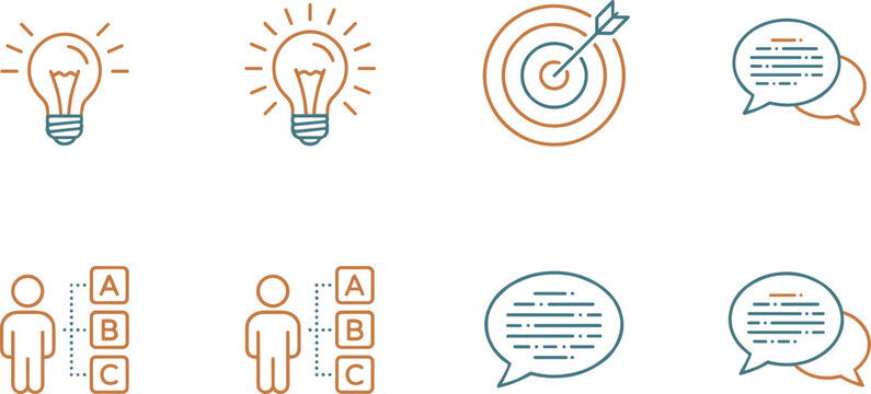 Business communication and target achievement icon collection vector illustration featuring innovation feedback assessment discussion and goal setting symbols